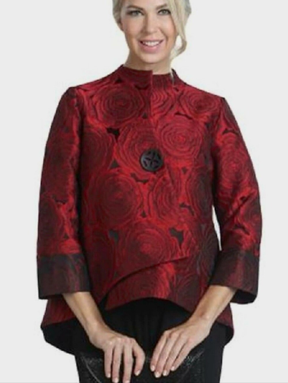 IC By CONNIE K Floral-Jacquard Asymmetric Jacket Rose Floral Statement Large Red